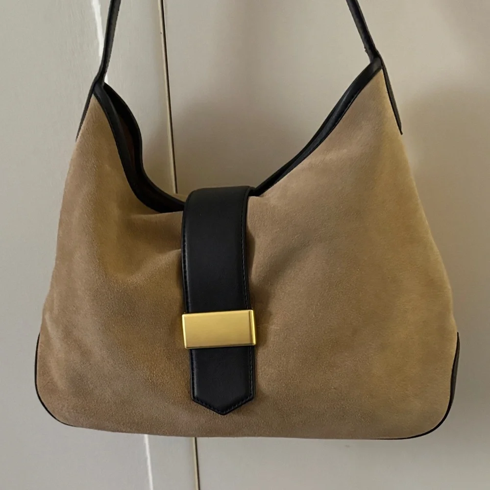 J. Crew Tan Suede Shoulder Bag with Black Trim and Gold Accent